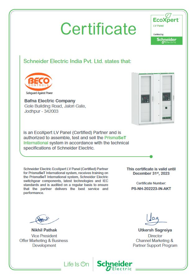Bafna Electric certificate