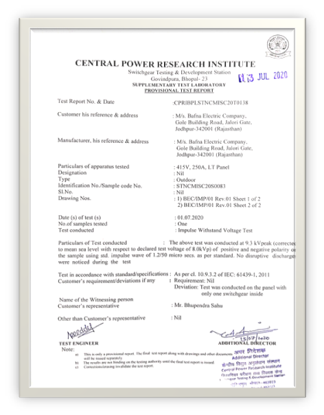 CPRI impulse withstand test certificate