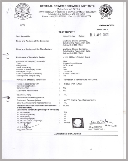 CPRI temperature-rise test certificate