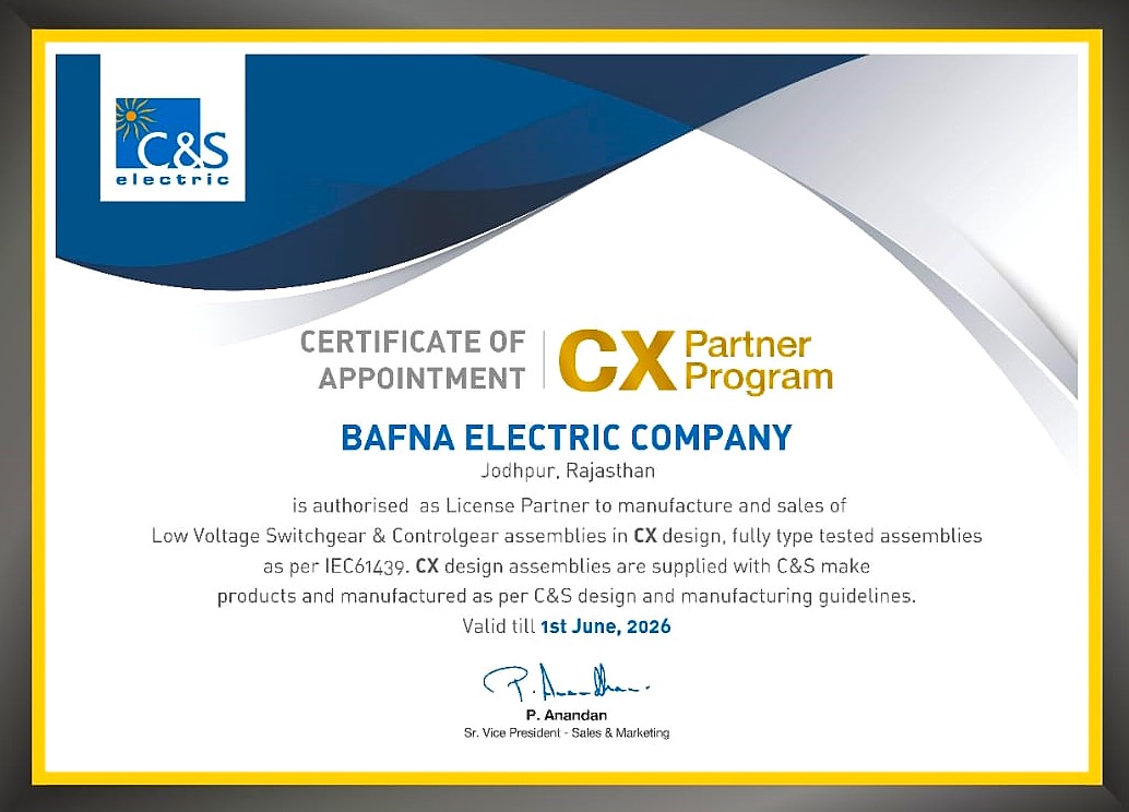 C&S CX Partner appointment certificate for Bafna Electric Company