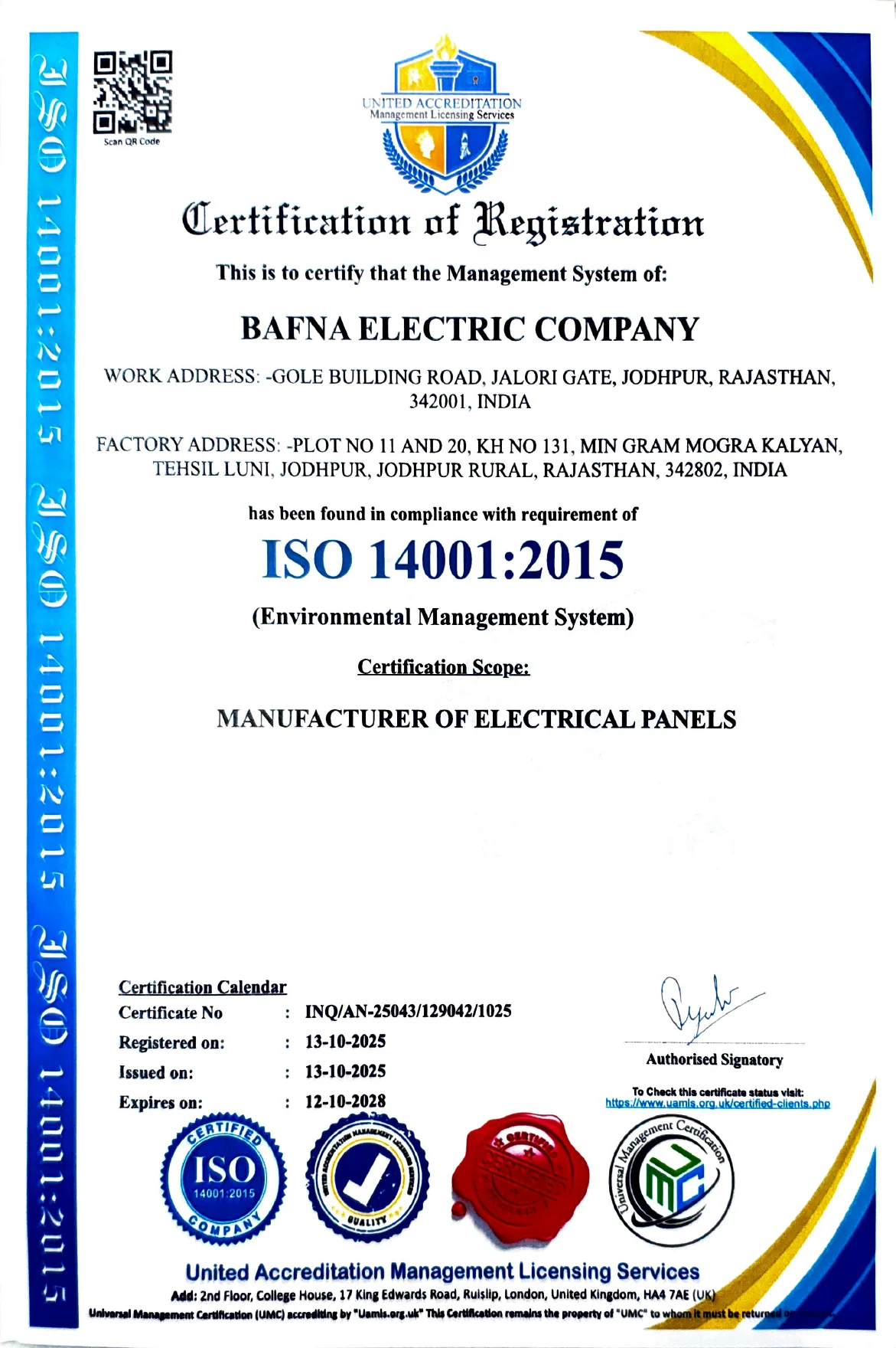 ISO 14001:2015 Environmental Management System certificate of registration for Bafna Electric Company, issued 13 October 2025 and expiring 12 October 2028