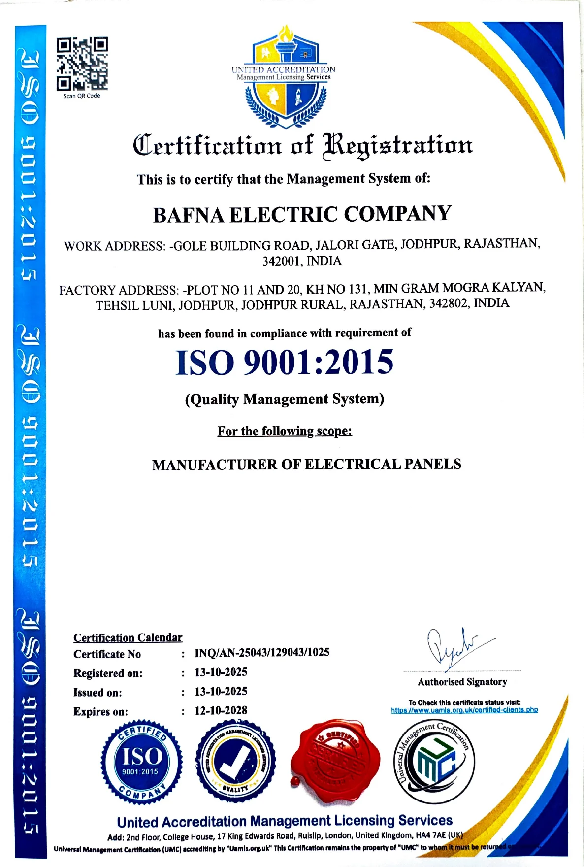 ISO 9001:2015 Quality Management System certificate of registration for Bafna Electric Company, issued 13 October 2025 and expiring 12 October 2028