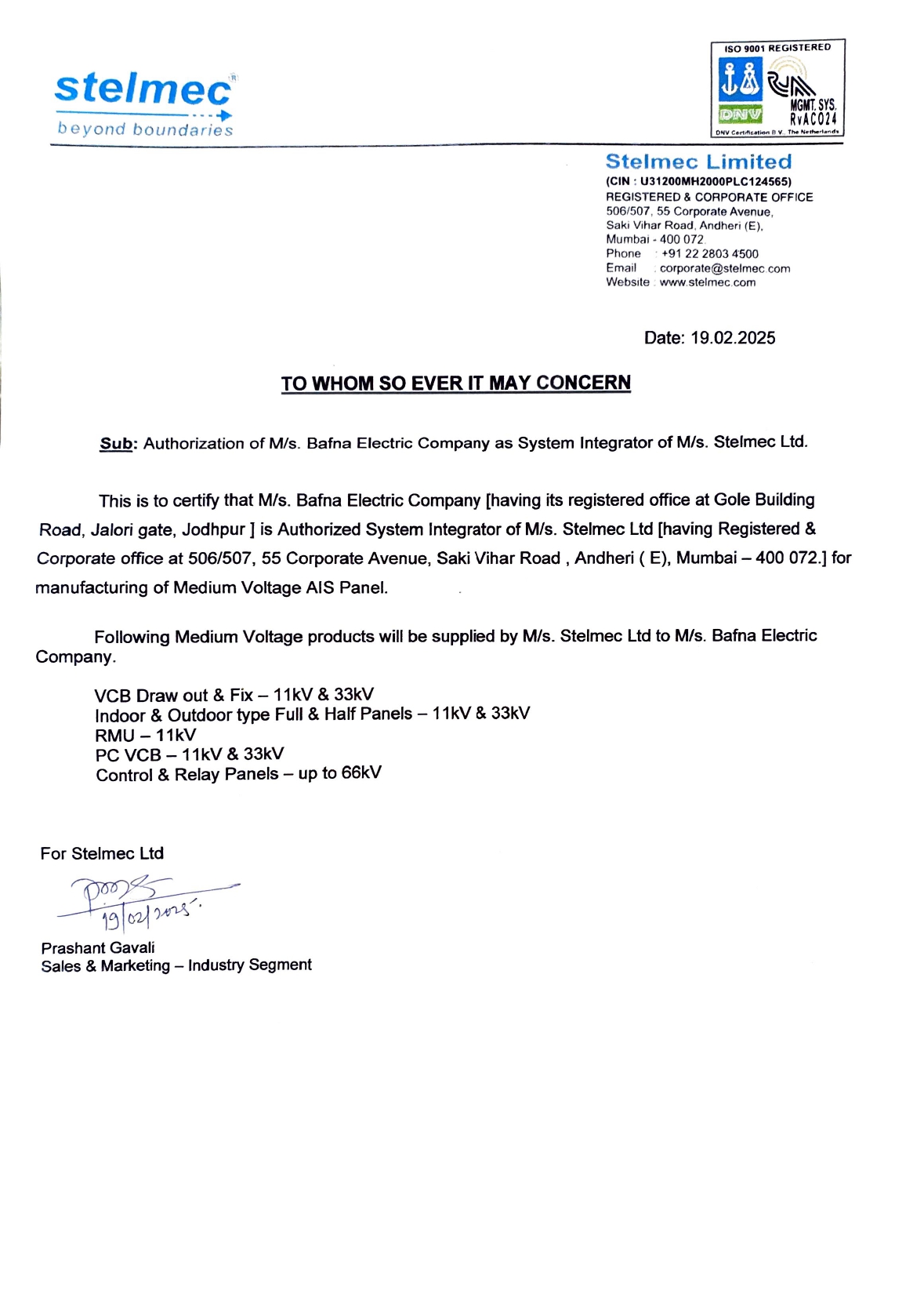 Stelmec System Integrator authorization for Bafna Electric Company