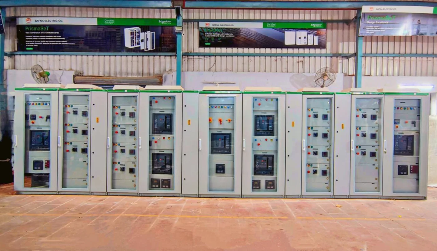 Completed electrical panel bank with PrismaSet workshop signage