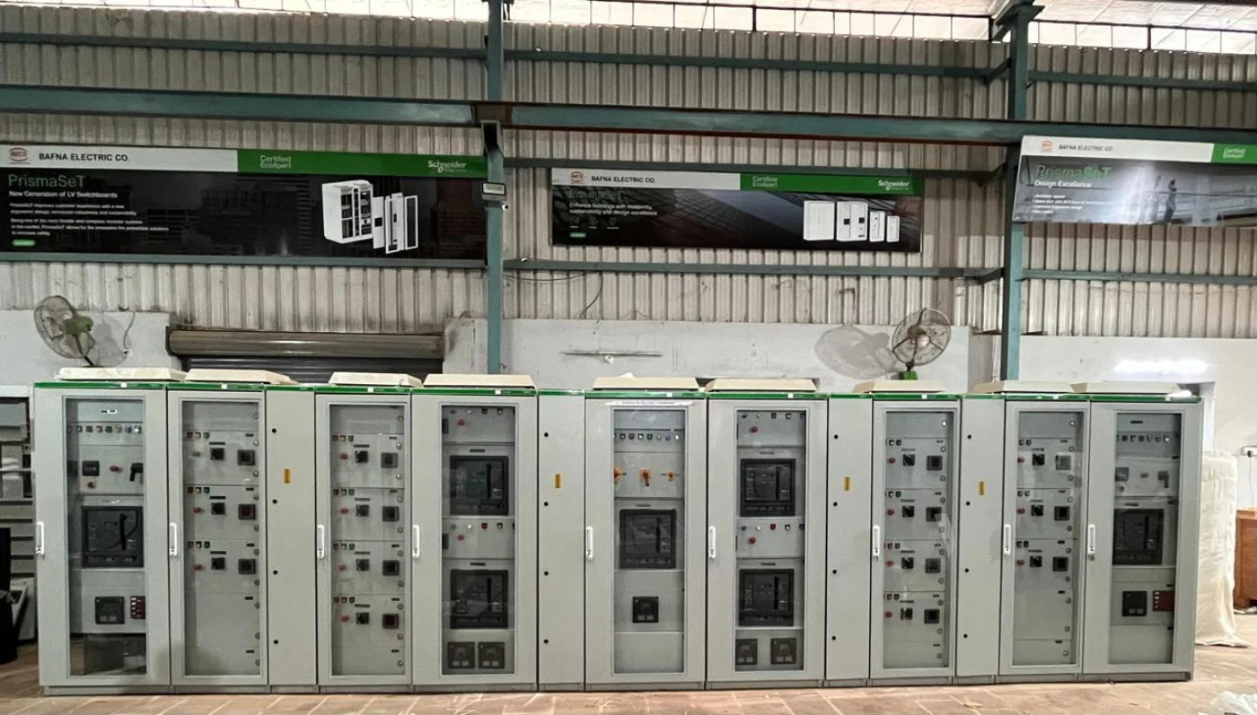 Wide bank of PrismaSet electrical panels in the Bafna Electric workshop