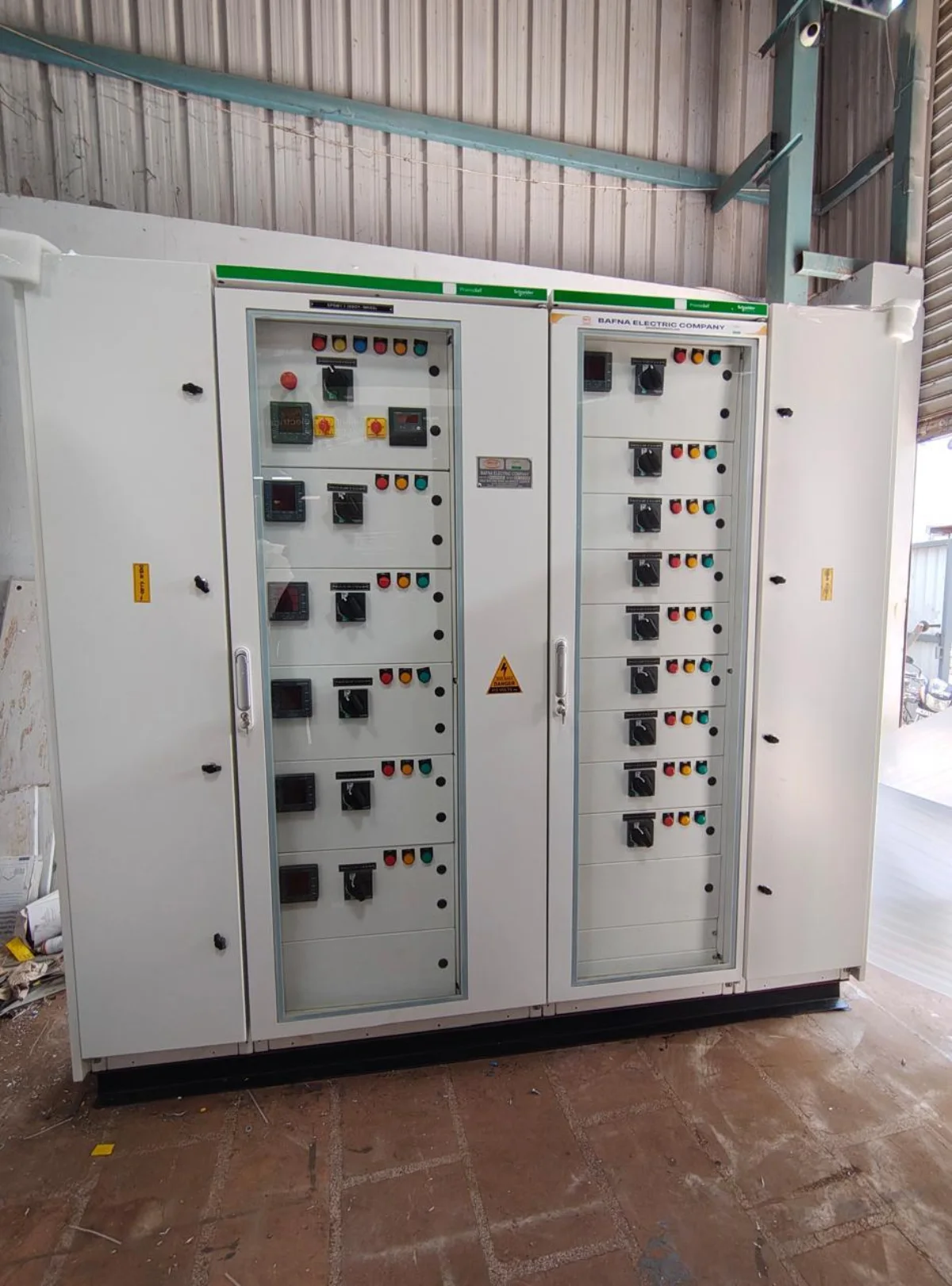 Large electrical control panel with indicators and switchgear